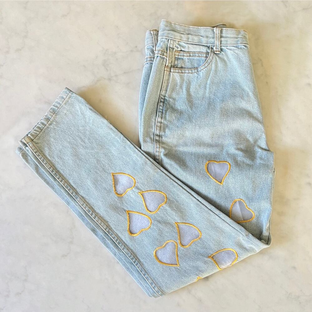 Vintage 90s Yellow Embroidered Heart Cut Out High Waisted Light Jeans 30 - 31"
